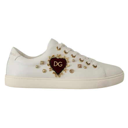 Dolce & Gabbana White Leather Gold Red Heart Sneakers