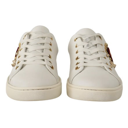 Dolce & Gabbana White Leather Gold Red Heart Sneakers