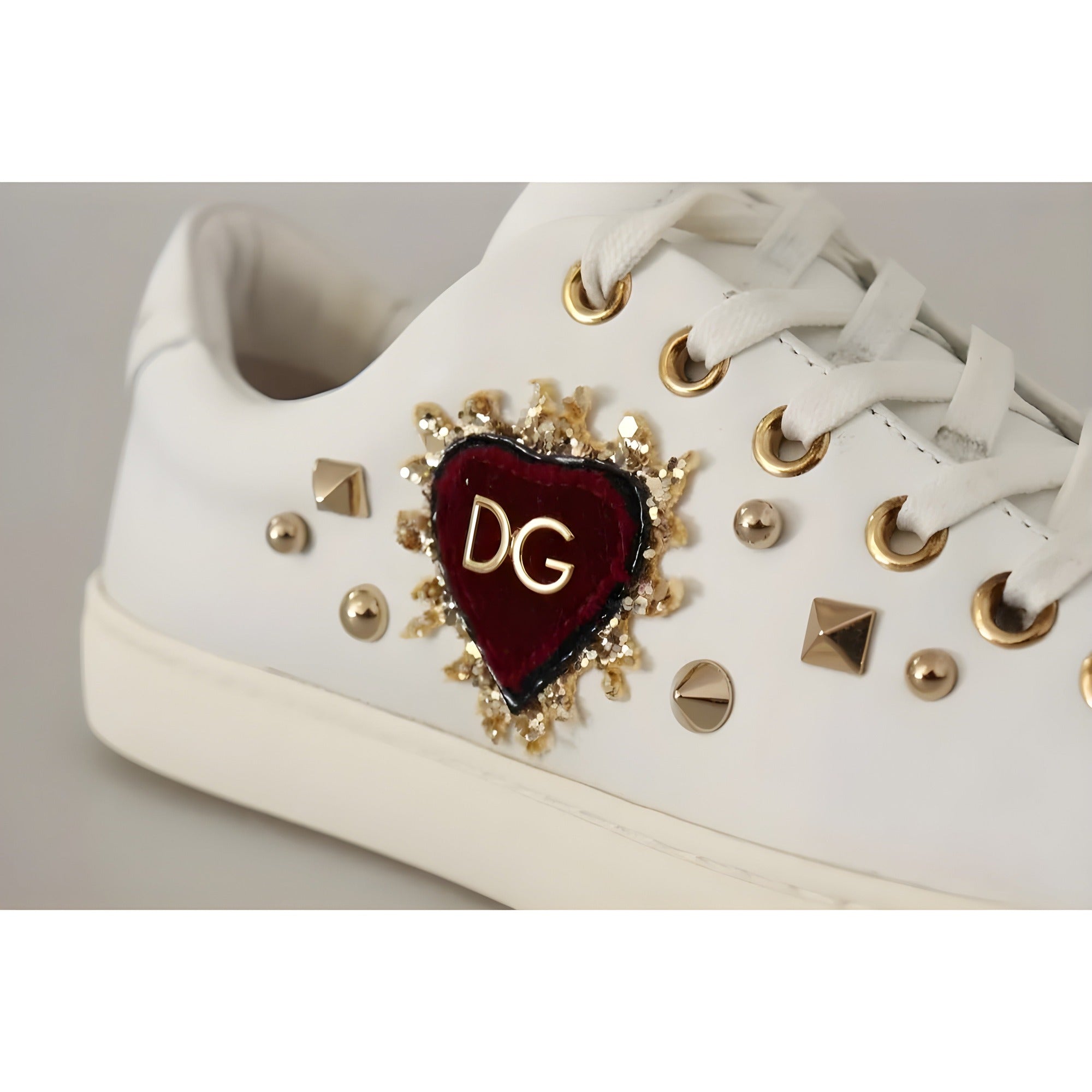 Dolce & Gabbana White Leather Gold Red Heart Sneakers
