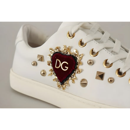Dolce & Gabbana White Leather Gold Red Heart Sneakers
