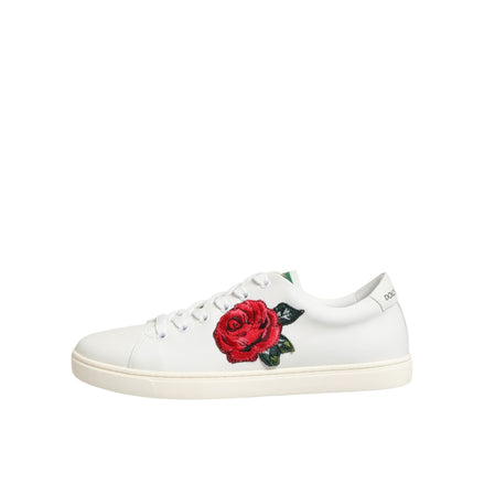 Dolce & Gabbana White Leather Rose Embroidery Low Top Sneakers