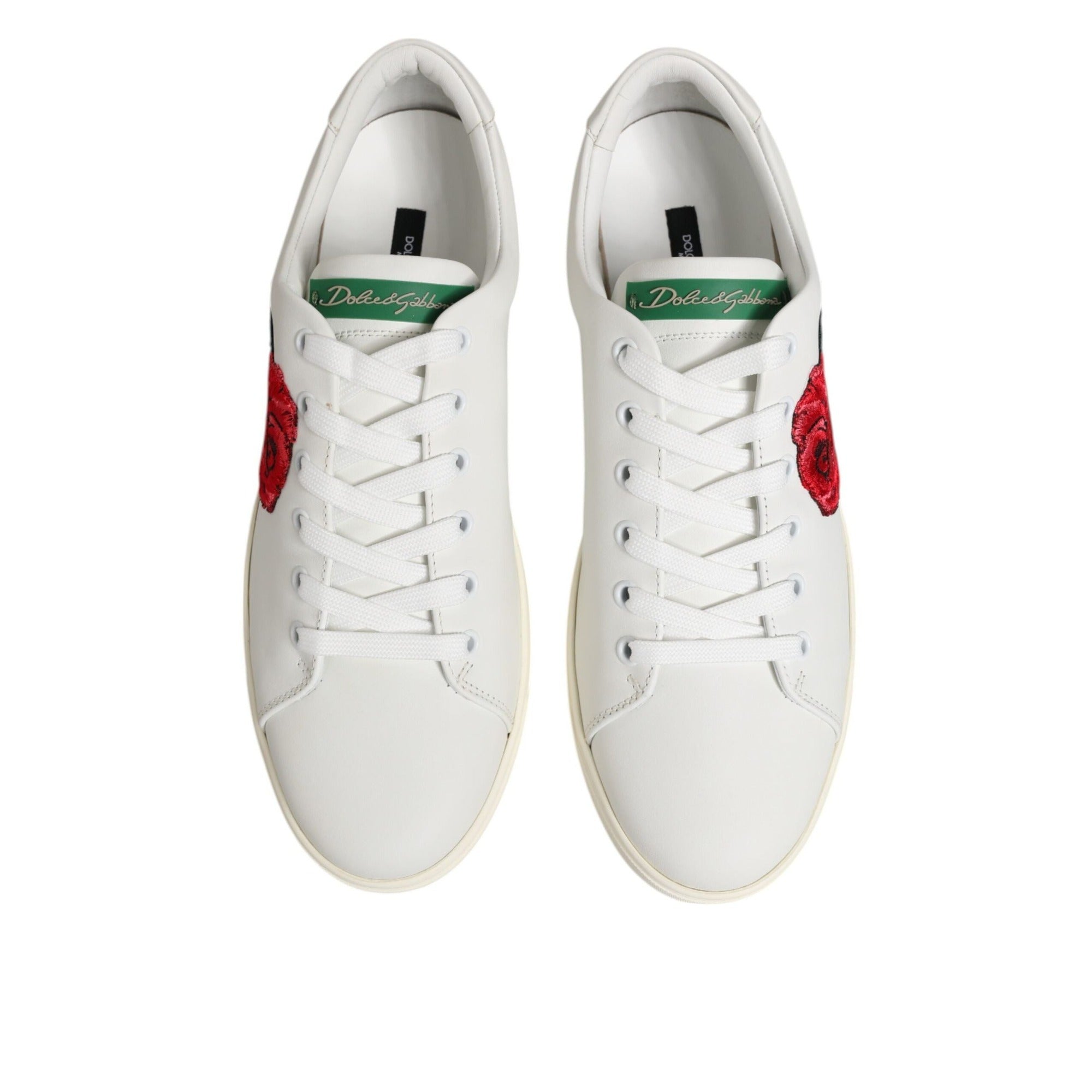 Dolce & Gabbana White Leather Rose Embroidery Low Top Sneakers