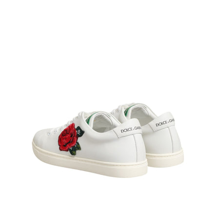 Dolce & Gabbana White Leather Rose Embroidery Low Top Sneakers