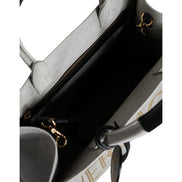 Versace White Top Handle Canvas Leather Logo Crossbody Tote Bag